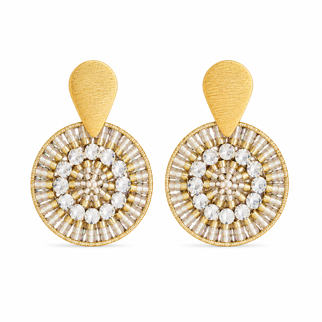 Clear crystal and gold handmade beaded earrings crafted by Colombian artisans