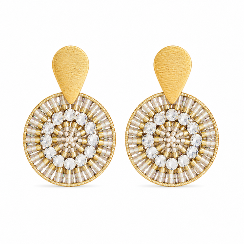 Clear crystal and gold handmade beaded earrings crafted by Colombian artisans