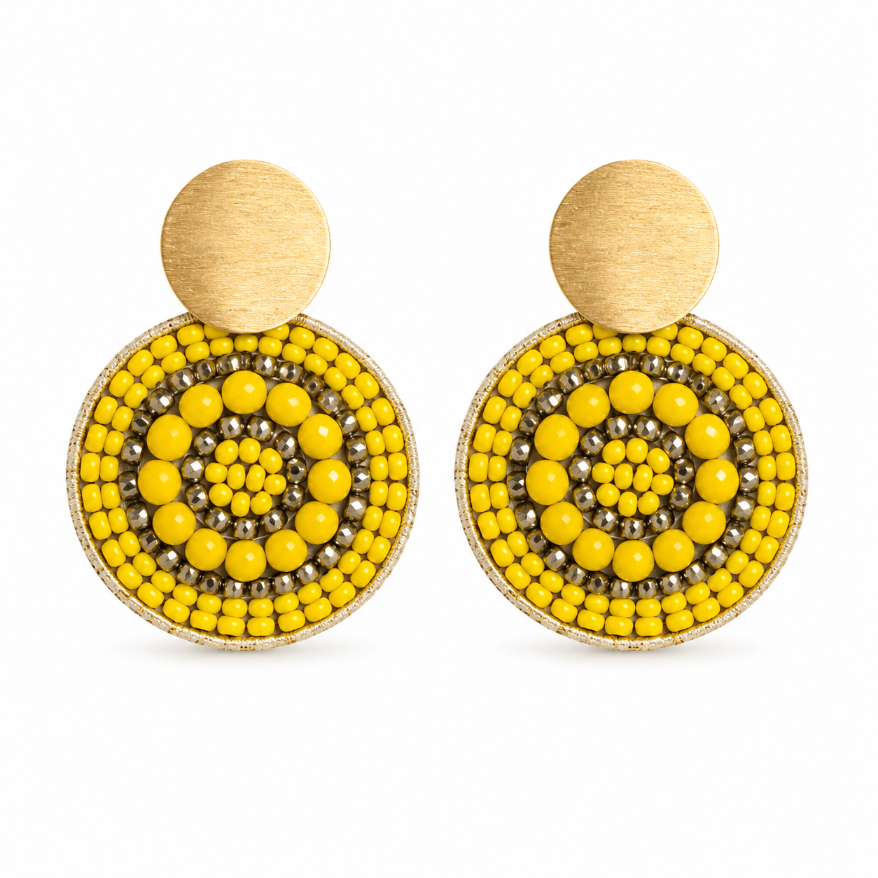 Yellow and gold handmade beaded earrings crafted by Colombian artisans