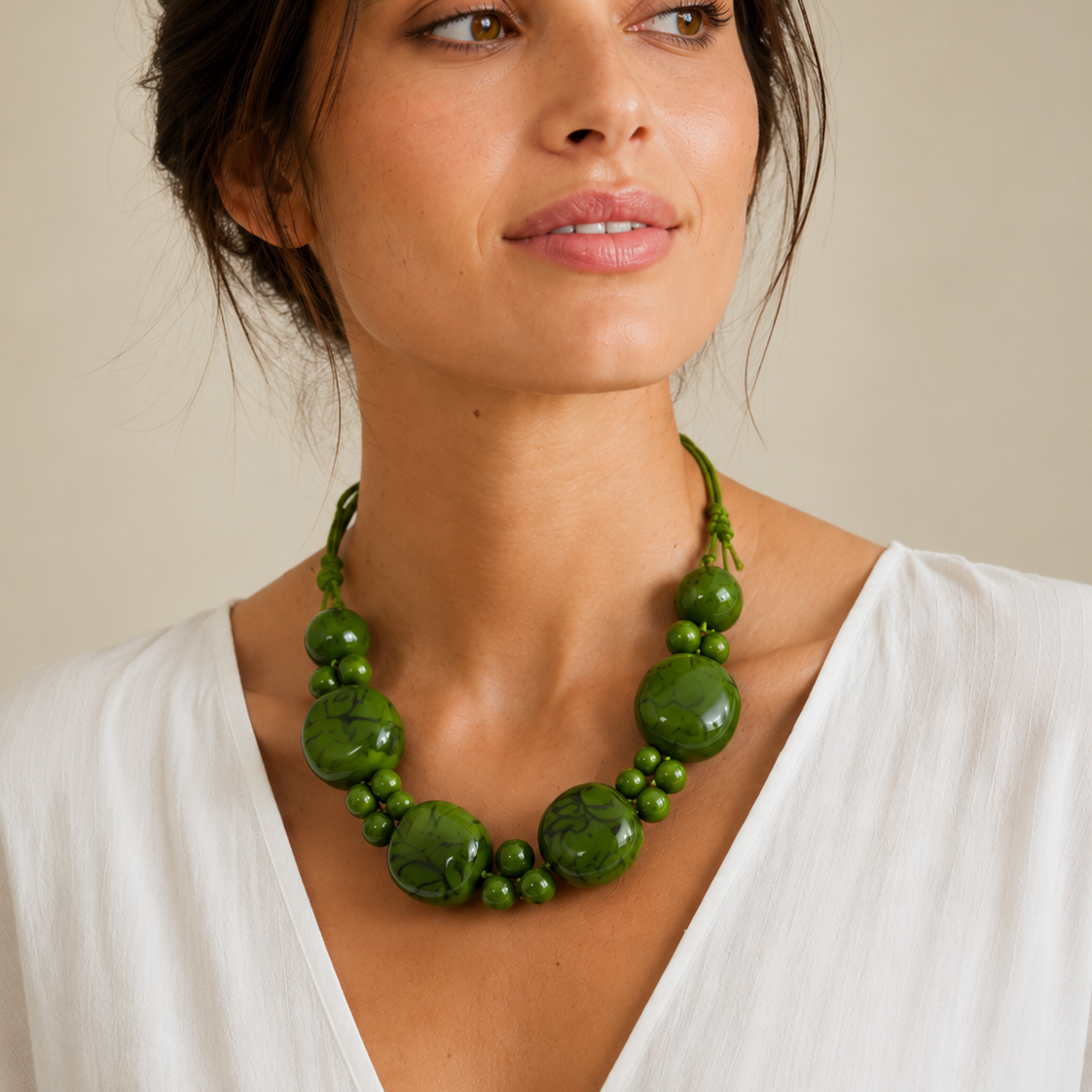 Green Tagua Set Necklace Australia with model at WAYU 