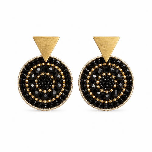 Black and gold handmade beaded earrings crafted by Colombian artisans